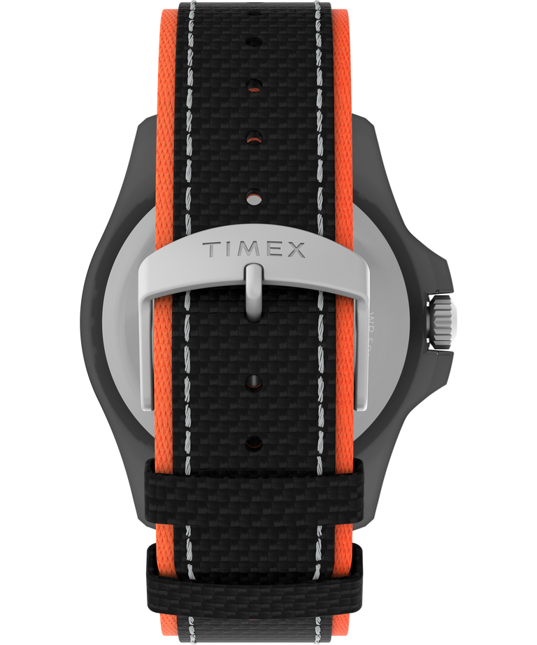 Timex watch with a black and orange fabric strap and silver buckle.