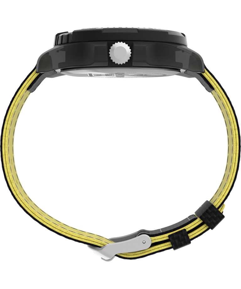 Wristwatch with a black case and yellow-and-black striped band.