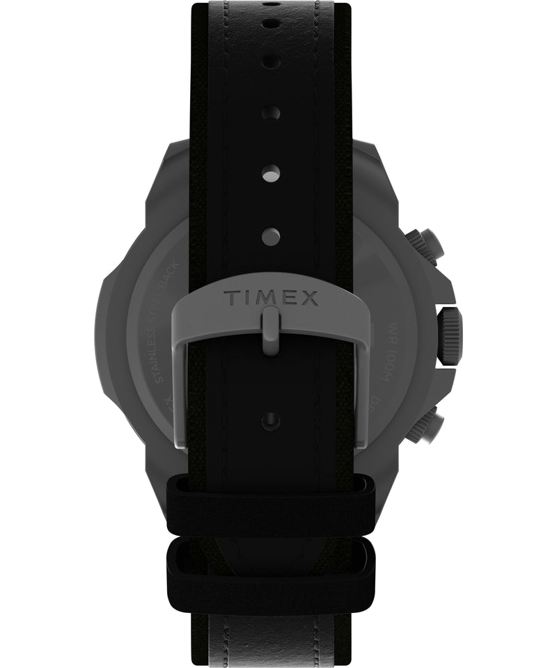 Black wristwatch with a Timex brand buckle and strap.