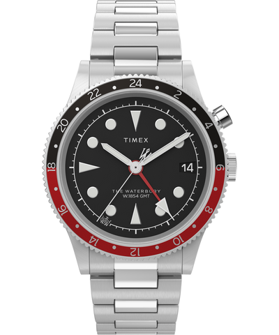 Stainless steel Timex wristwatch with a black dial and red-black bezel.