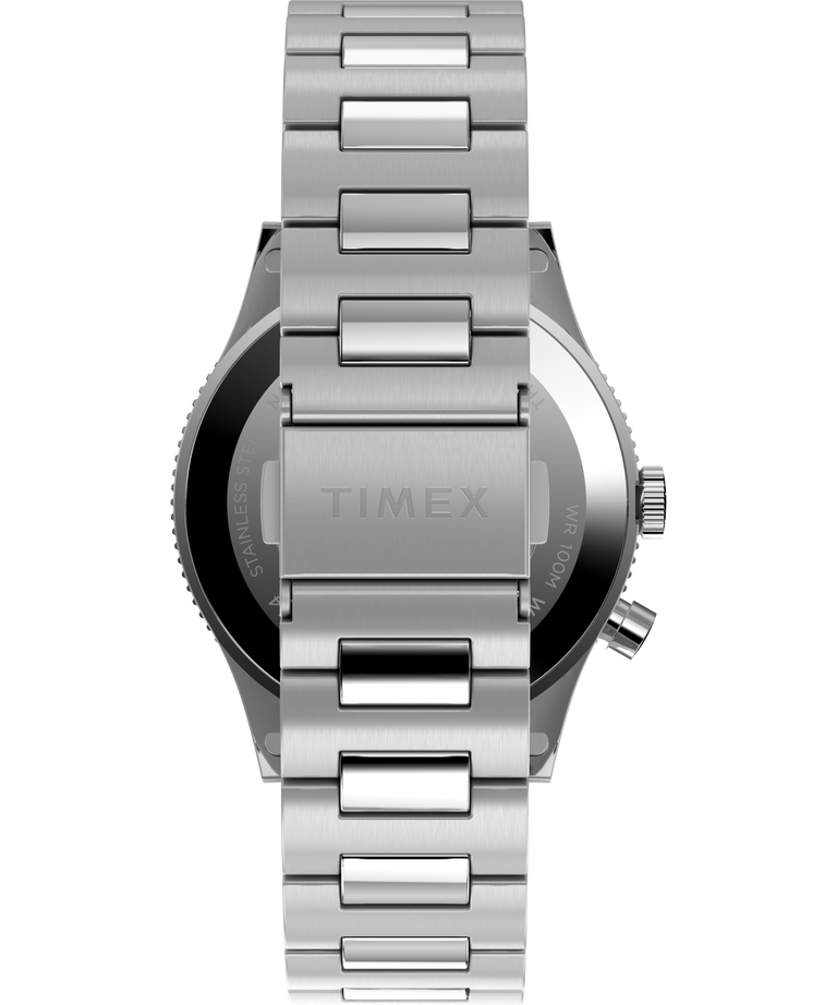 Silver metal wristwatch with a linked bracelet band.