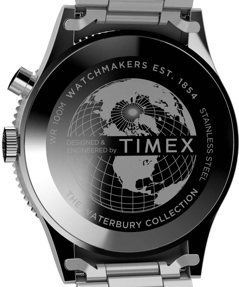 Back of a Timex watch featuring a globe design and text from the Waterbury Collection.