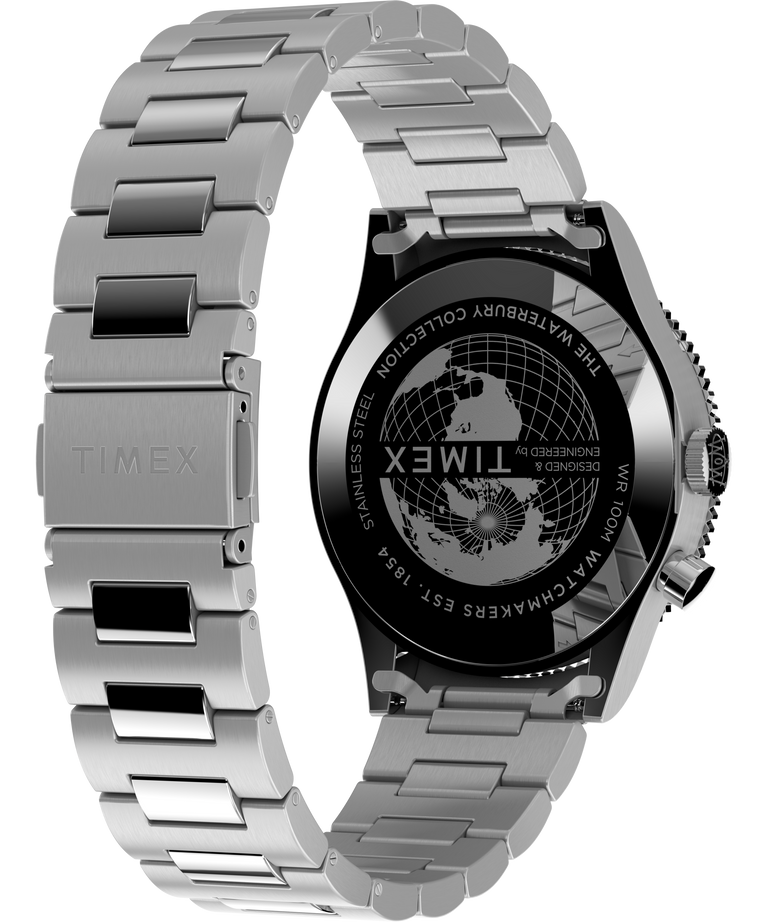 Stainless steel wristwatch with a black dial displaying a world map design.