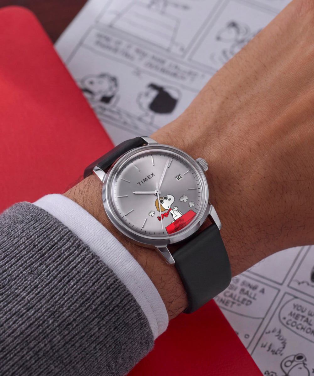 Timex Marlin Automatic Peanuts Snoopy Flying Ace Black Leather Watch TW2W49600