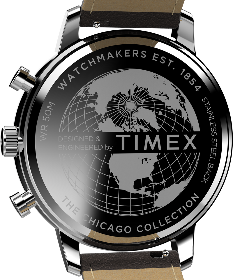 Timex Chicago Chrono 45mm Silver Tone Blue Dial Brown Leather Strap TW2W76200