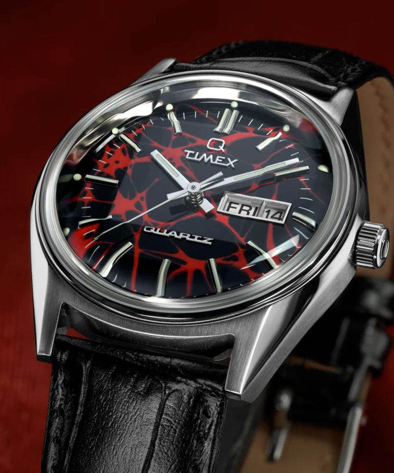 Timex Q Red Vega Dial Black Leather Band Watch TW2Y55700