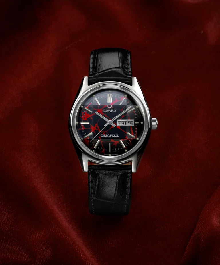 Timex Q Red Vega Dial Black Leather Band Watch TW2Y55700