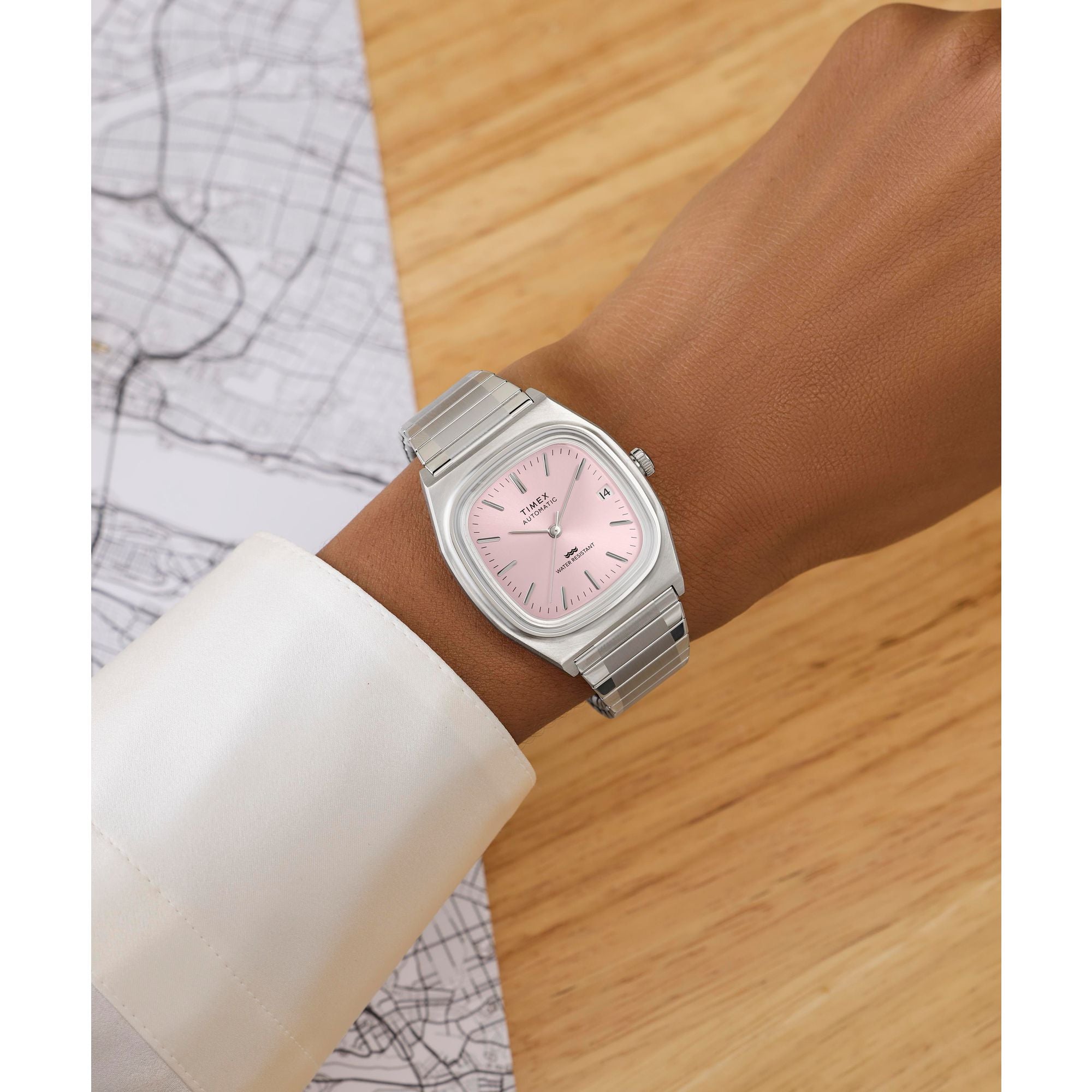 Timex E-Line Automatic 1983 Reissue Light Pink Stainless Steel Band Watch TW2Y66800