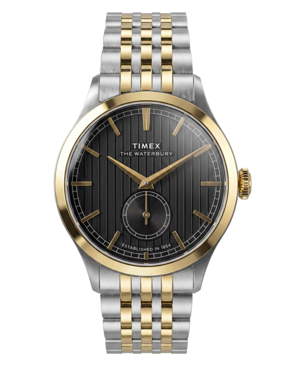 Timex Waterbury Classic TW2Y91900 black textured dial with gold-tone markers on a two-tone stainless steel bracelet