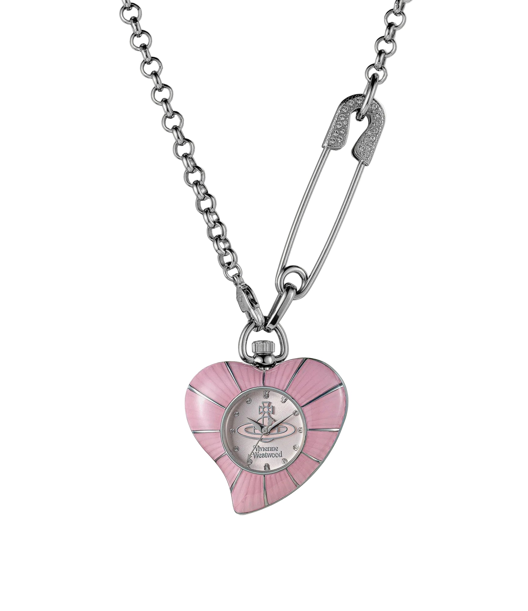 Vivienne Westwood Heart Pendant women's watch with a silver dial and silver pendant chain.