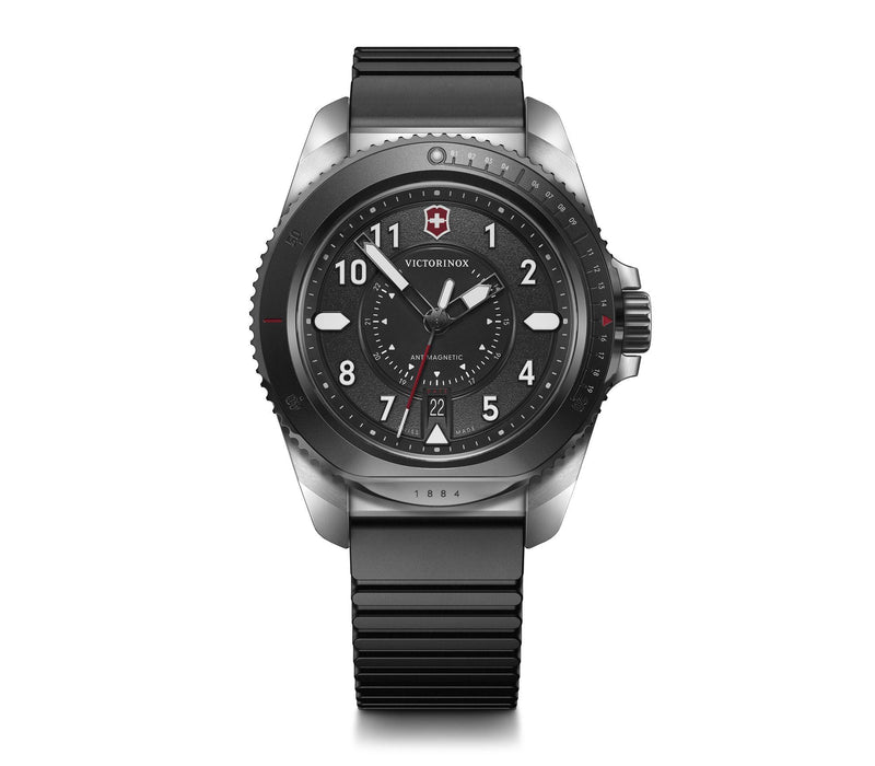 Rugged Swiss Army watch with a black dial and rubber strap.