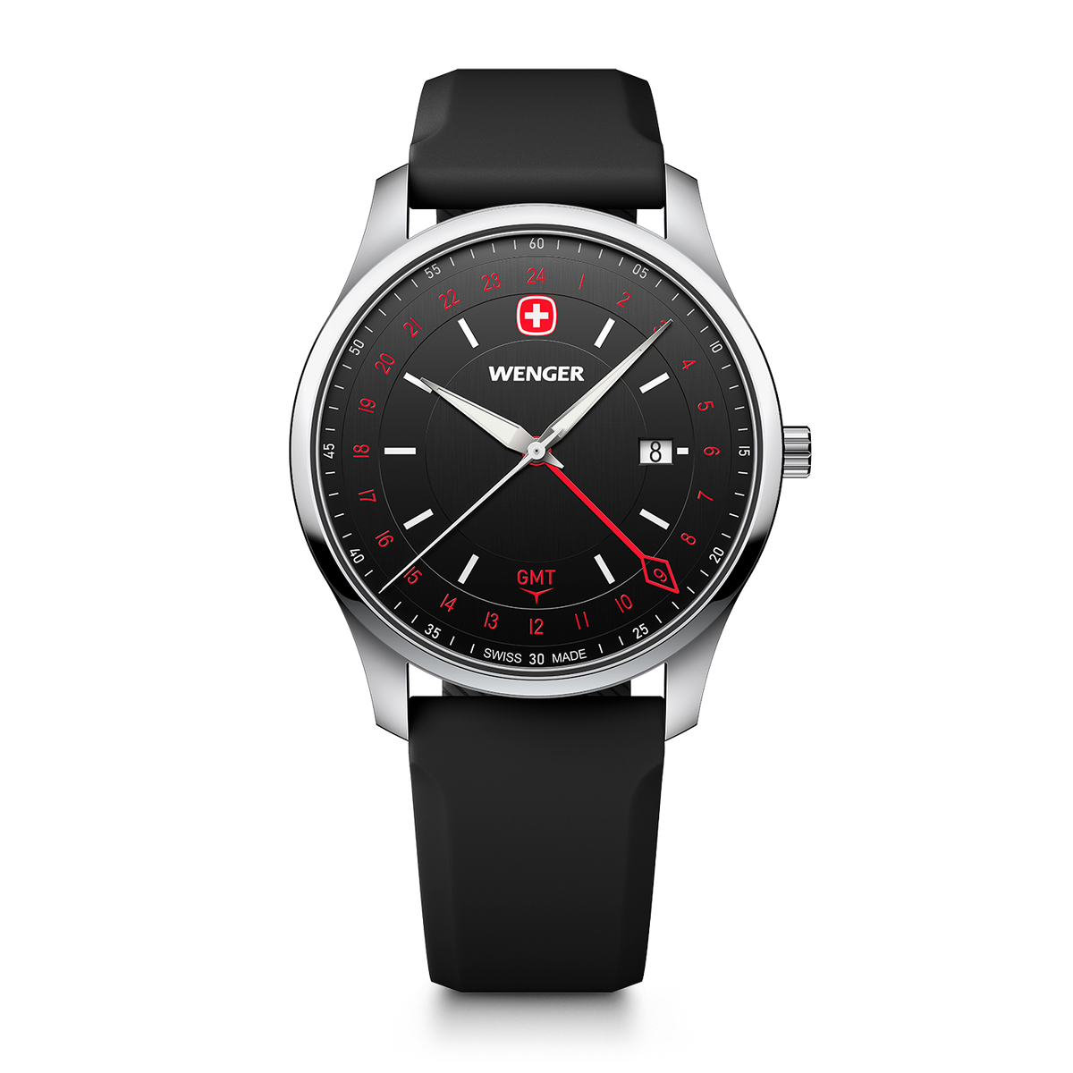 Wenger City GMT 42 01.1442.102 front view with brushed black dial, date window and 24-hour GMT hand