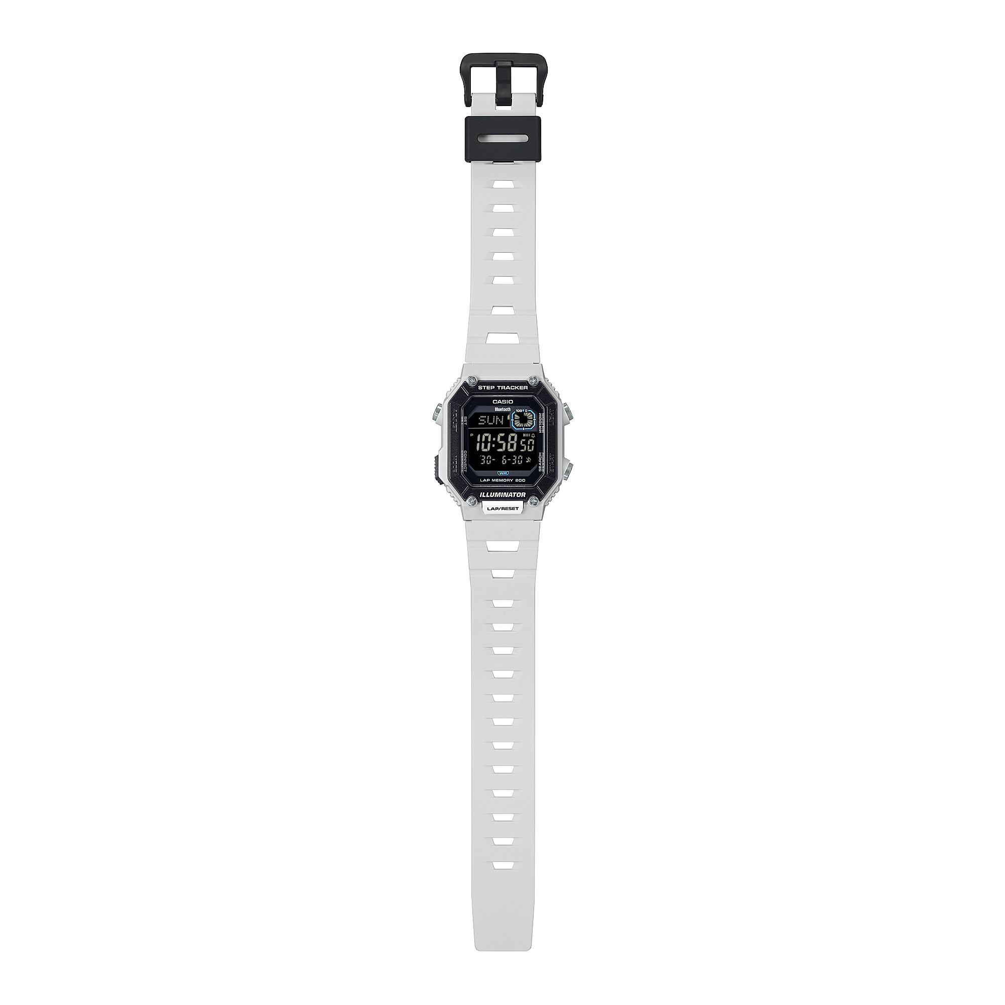 Casio Step Tracker White Resin Band Watch WSB1000-8B with a sporty design, sturdy square case, and perforated urethane band.
