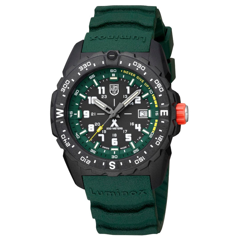 Rugged sports watch with a green strap and black face featuring multiple dials and markings.