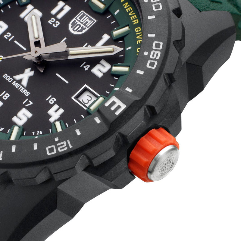 Rugged sports watch with a black dial, luminous markings, and an orange crown.