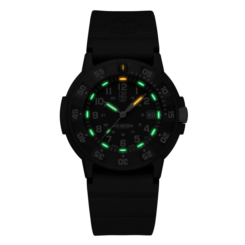 Black wristwatch with luminous green and orange markings on the dial.