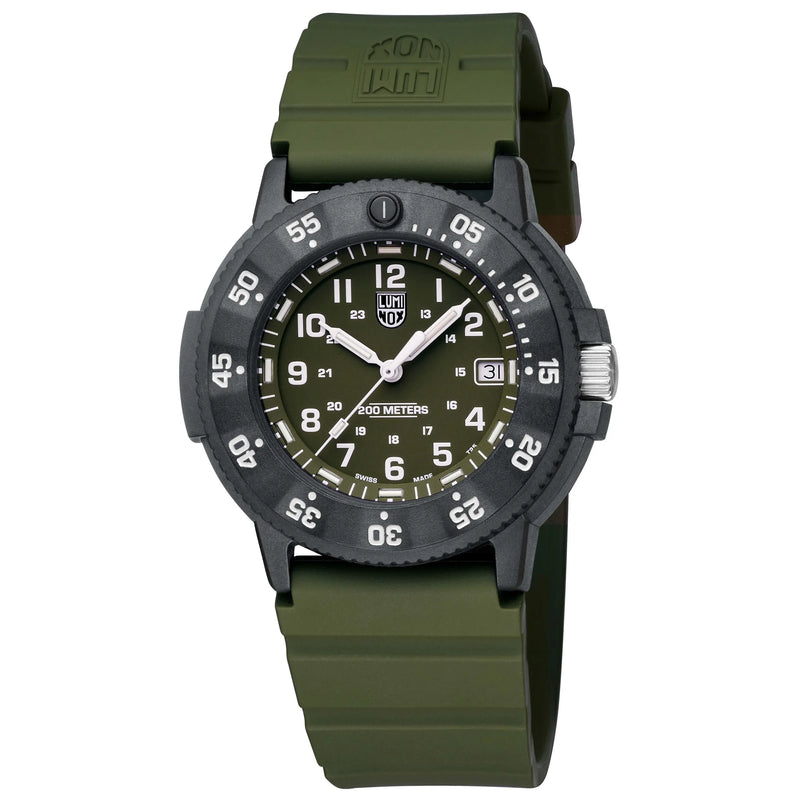 Military-style wristwatch with a green strap and black face.