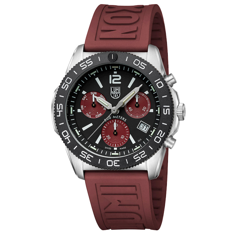 Wristwatch with a black dial, red subdials, and a burgundy rubber strap.