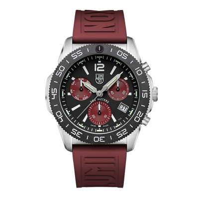 Stylish wristwatch with a black dial, red subdials, and a burgundy rubber strap.