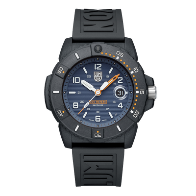 Rugged black sports watch with a blue dial and orange accents.