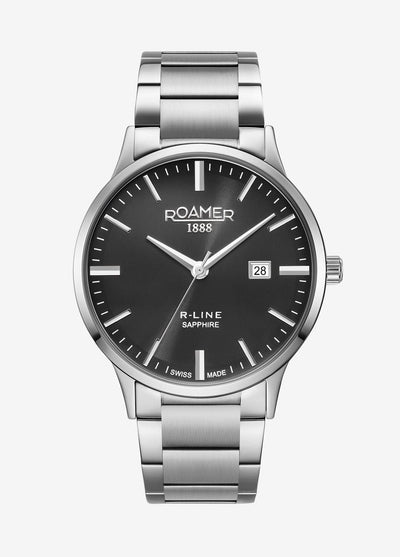 Stainless steel wristwatch with a black dial and date display.