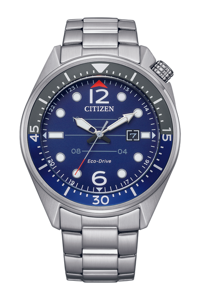 Stainless steel Citizen wristwatch with a blue dial and rotating bezel.