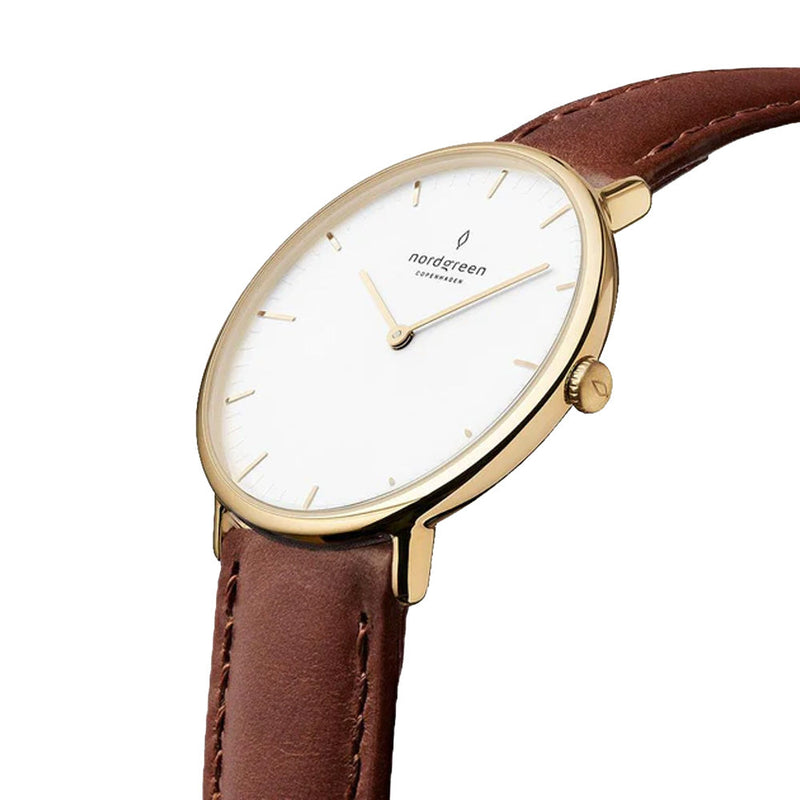 Nordgreen Native 36mm Yellow Gold Case Brown Leather Strap Watch