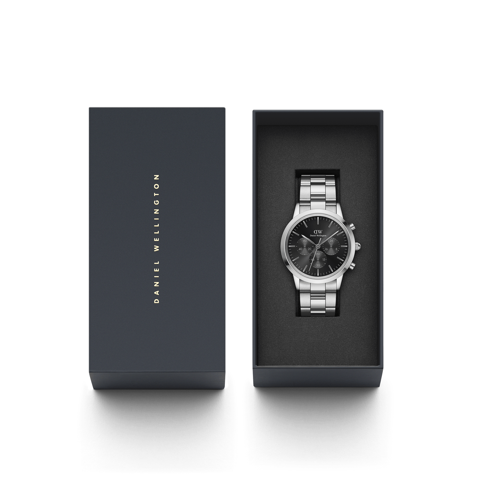 Stainless steel chronograph wristwatch with a dark face in an open gift box.