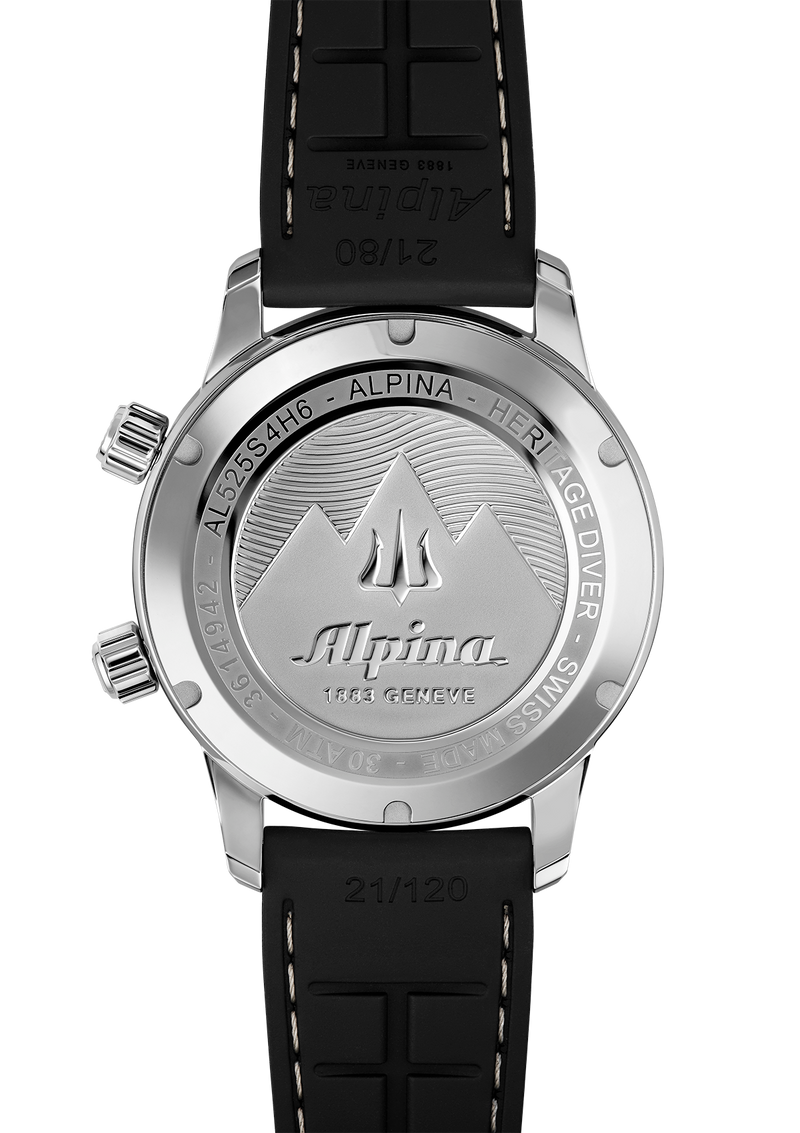 Back of a silver wristwatch with an Alpina logo engraved on the case.