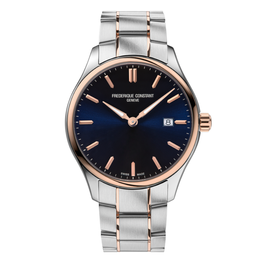 Elegant wristwatch with a dark blue face and two-tone metal bracelet.