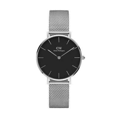 Sleek silver wristwatch with a black face and mesh metal band.