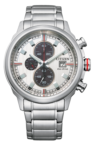 Stainless steel Citizen chronograph wristwatch with a white dial and three subdials.