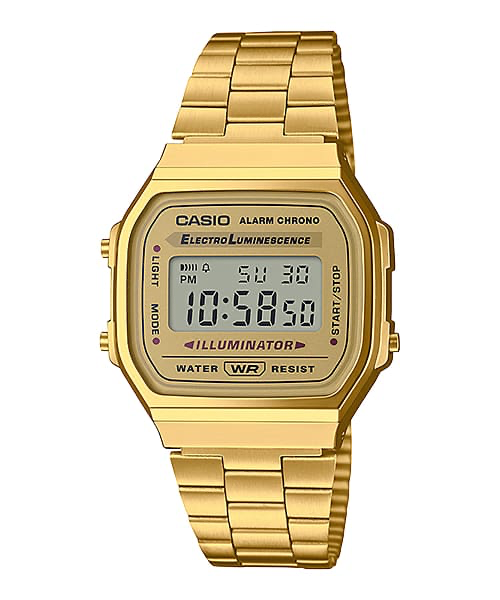 Casio Vintage A168WG-9W gold-tone stainless steel digital watch, front view