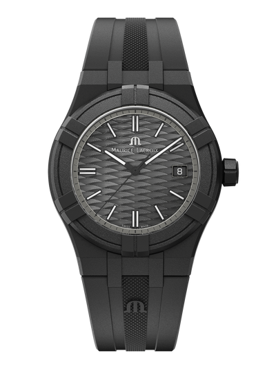 Sleek black wristwatch with a textured dial and rubber strap.