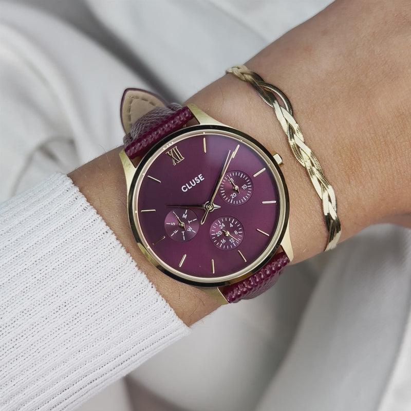 CLUSE Minuit Multifunction Dark Cherry Lizard Gold Watch CW10706