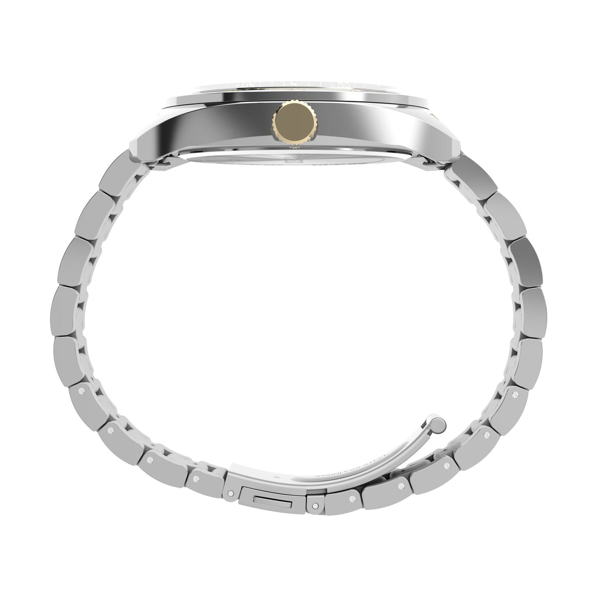 Timex Weston TW2Y89100 textured black dial on a two-tone bracelet, case profile