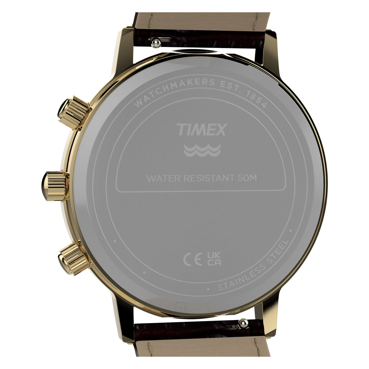 Timex Moon Phase TW2Y99000 white calendar dial with moon phase on a brown leather strap, caseback