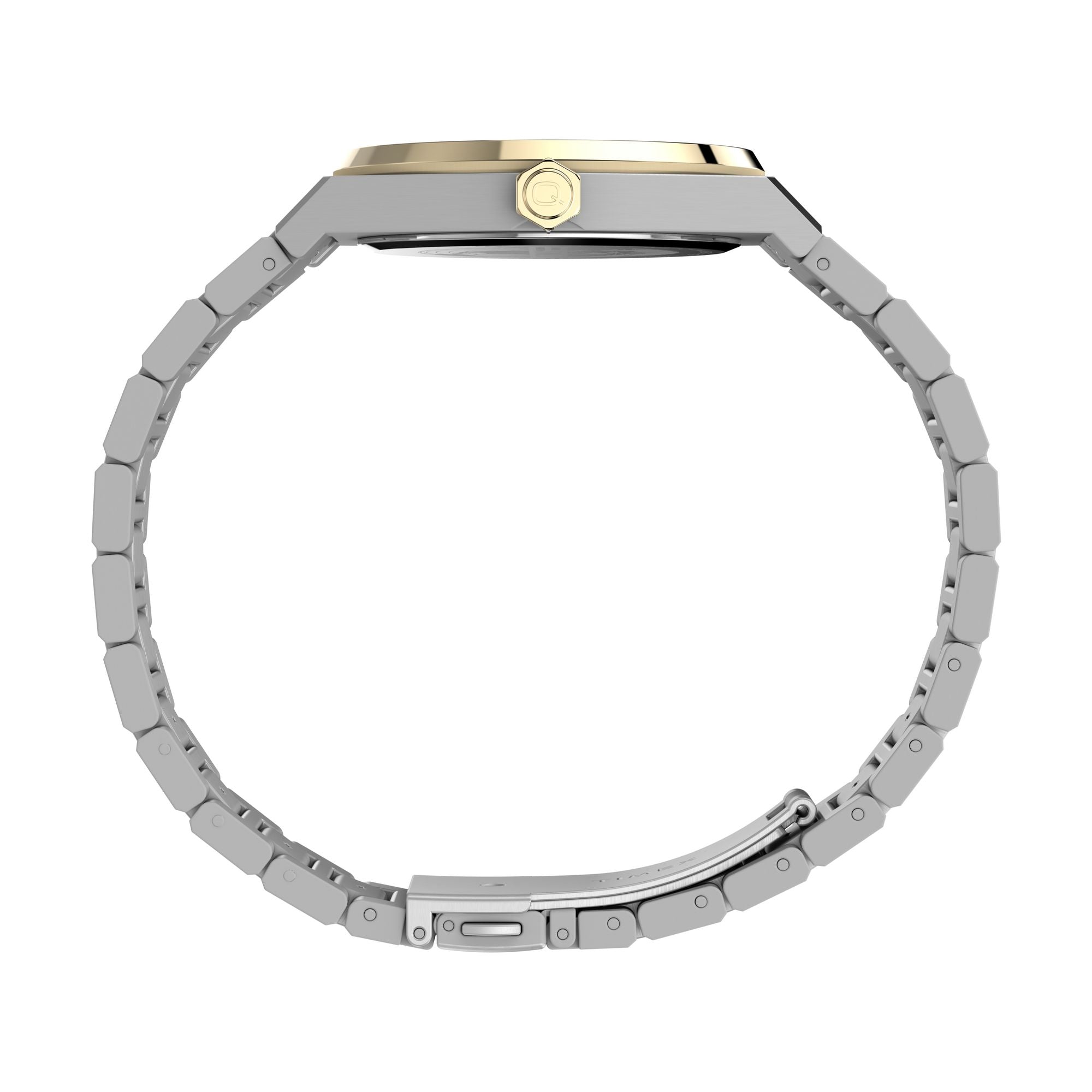 Timex Q Timex TW2Y81500 black ribbed dial with gold markers on a two-tone bracelet, case profile