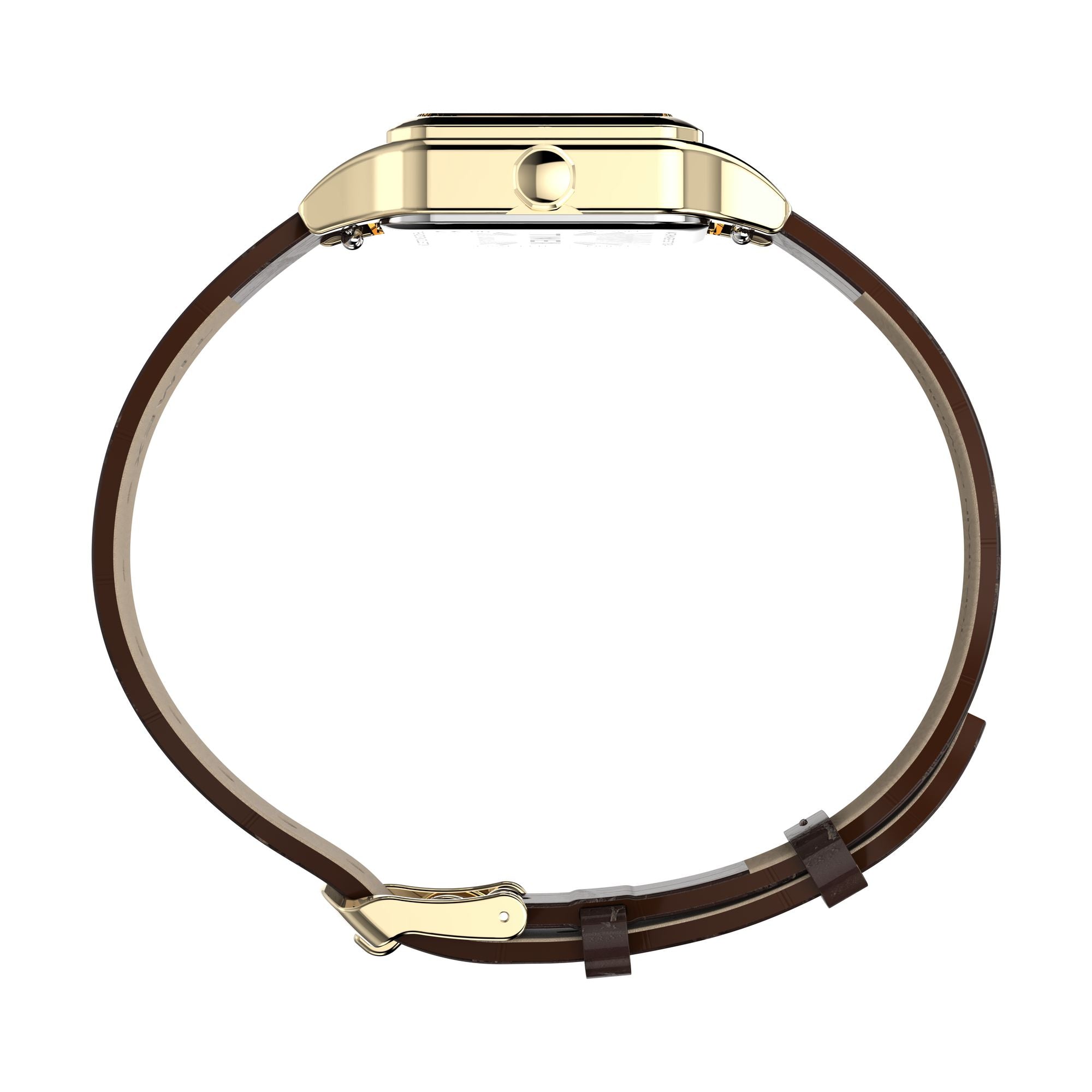 Timex Addison TW2Y90700 champagne dial with Roman numerals on a brown leather strap, case profile