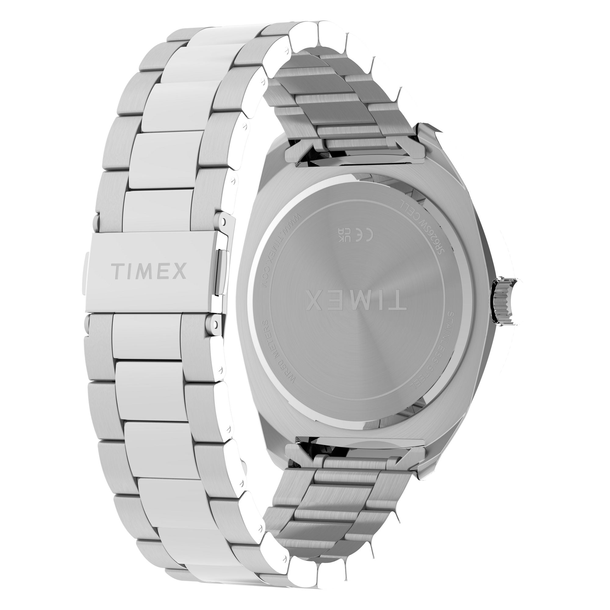Timex Weston TW2Y88900 textured blue dial on a stainless steel bracelet, rear three-quarter