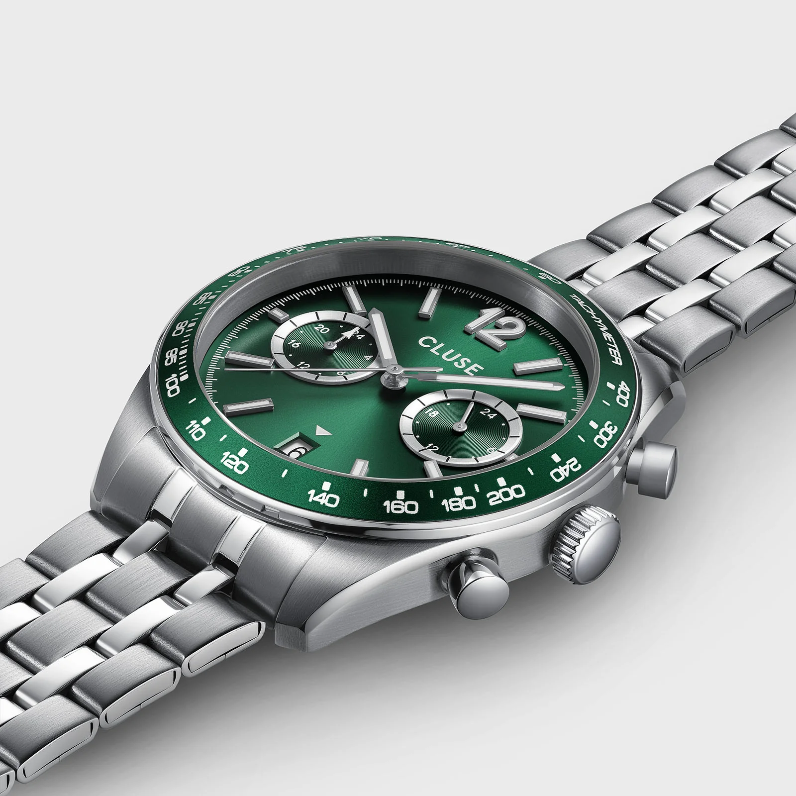CLUSE Aravis Dual Time Chronograph Green Dial Stainless Steel Link Band Watch CW25602