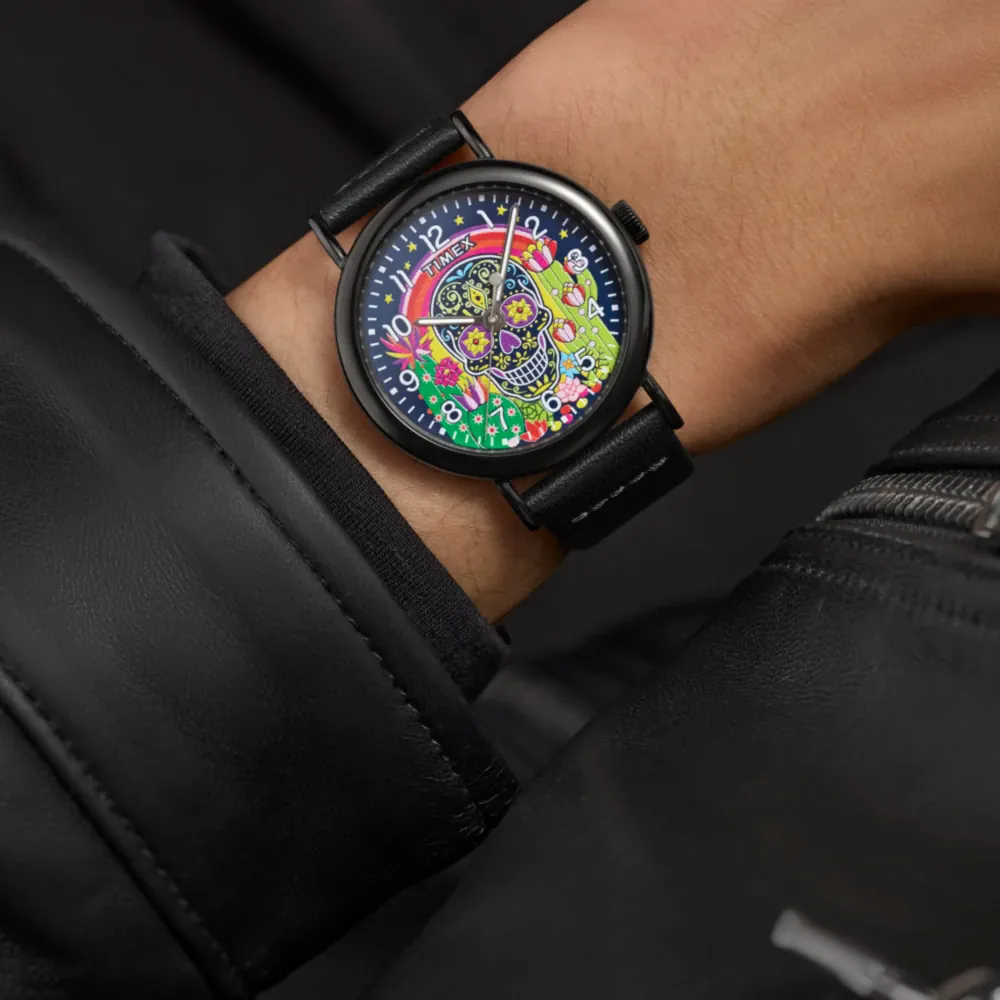 Timex Weekender Black Band and Case Leather Day Of The Dead Watch TW2Y15900