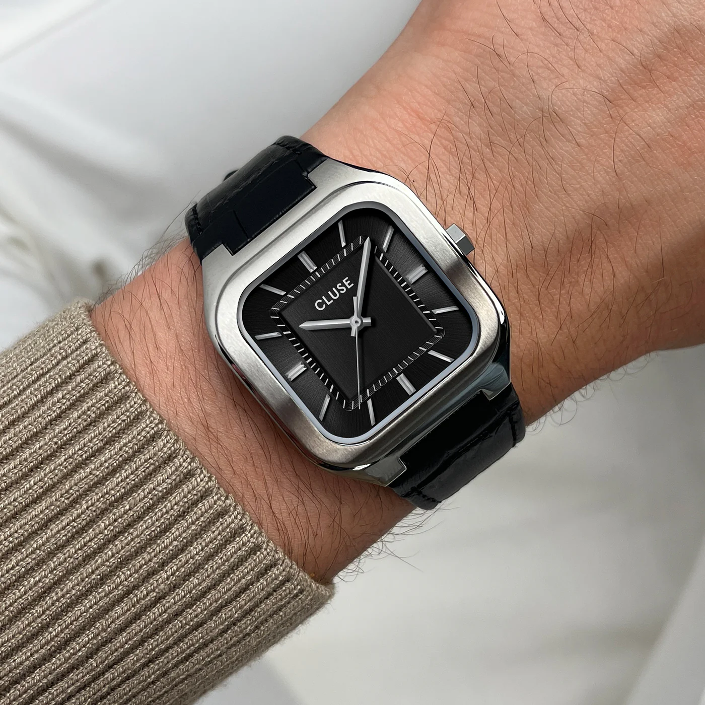 CLUSE Quadrus Square Black Dial and Leather Band Watch CW25703