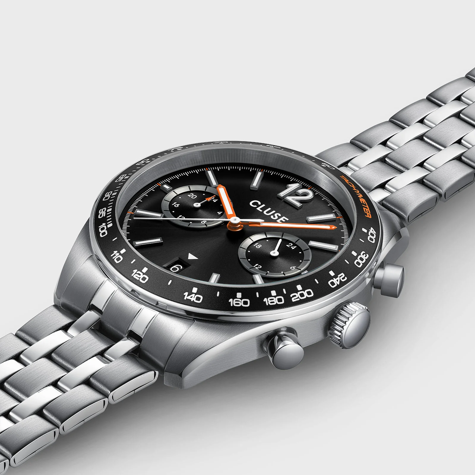 CLUSE Aravis Dual Time Chronograph Black Dial Stainless Steel Link Band Watch CW25603