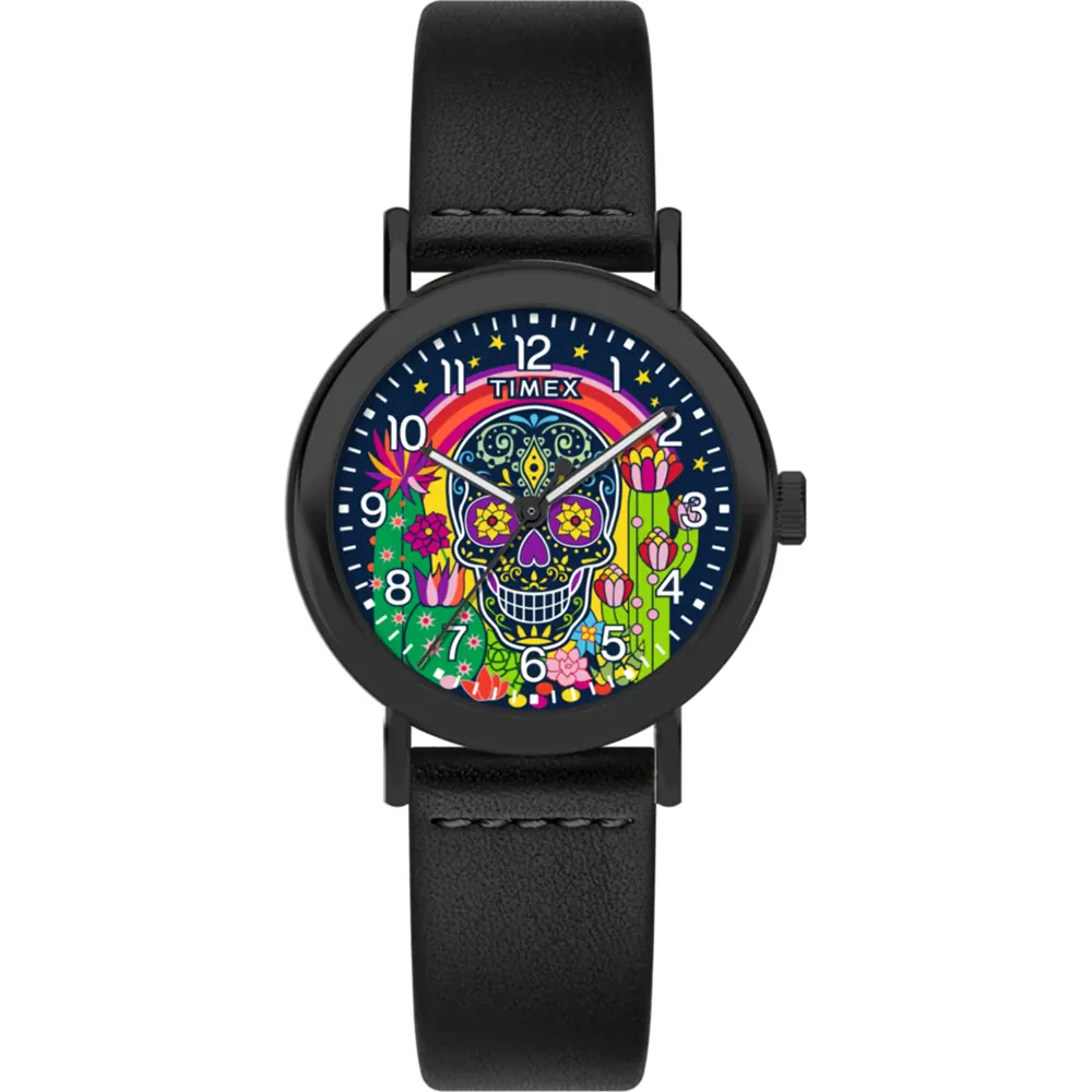 Timex Weekender Black Band and Case Leather Day Of The Dead Watch TW2Y15900
