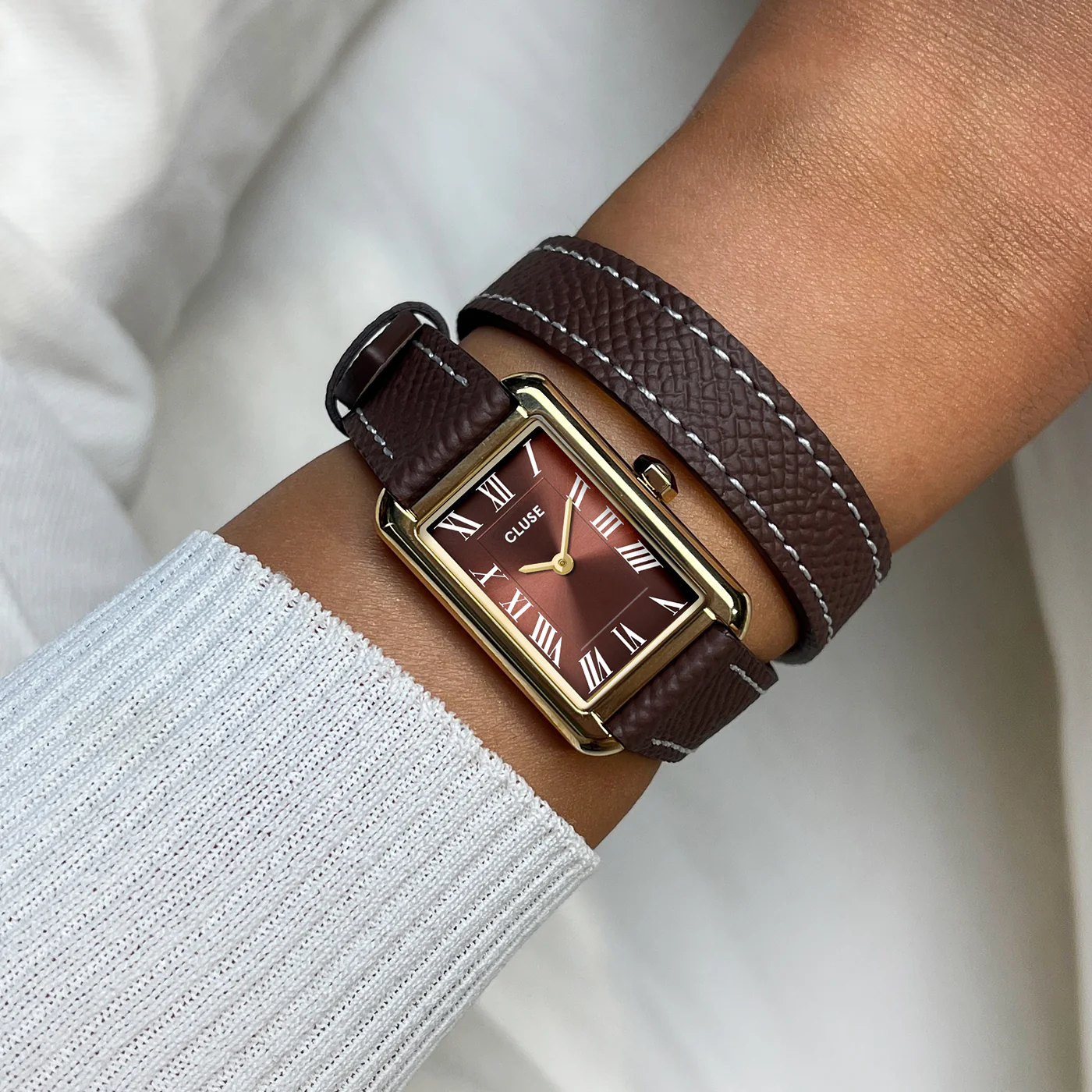 CLUSE Belisenna Mocha Dial Gold Case Mocha Double Wrap Leather Band CW15006