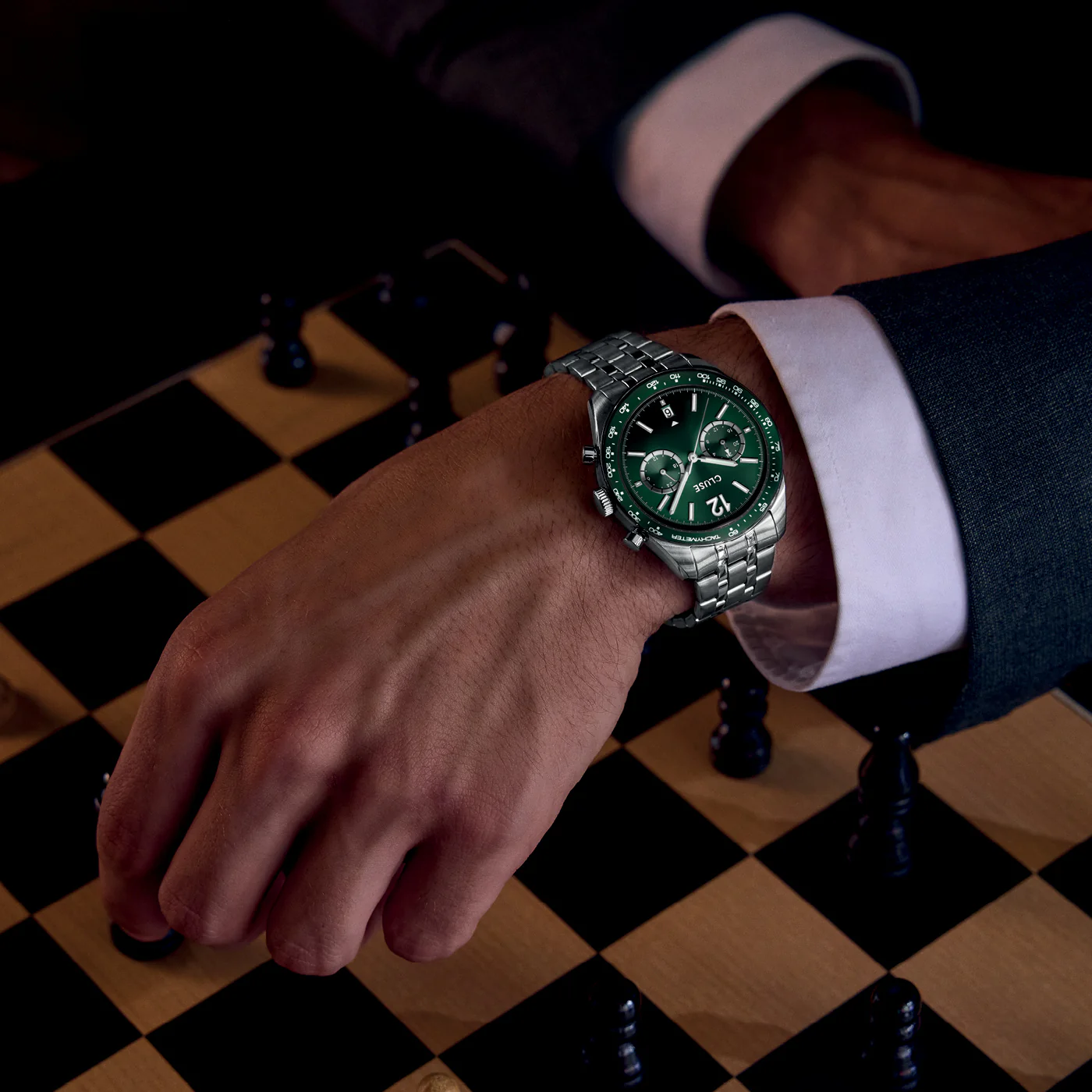 CLUSE Aravis Dual Time Chronograph Green Dial Stainless Steel Link Band Watch CW25602