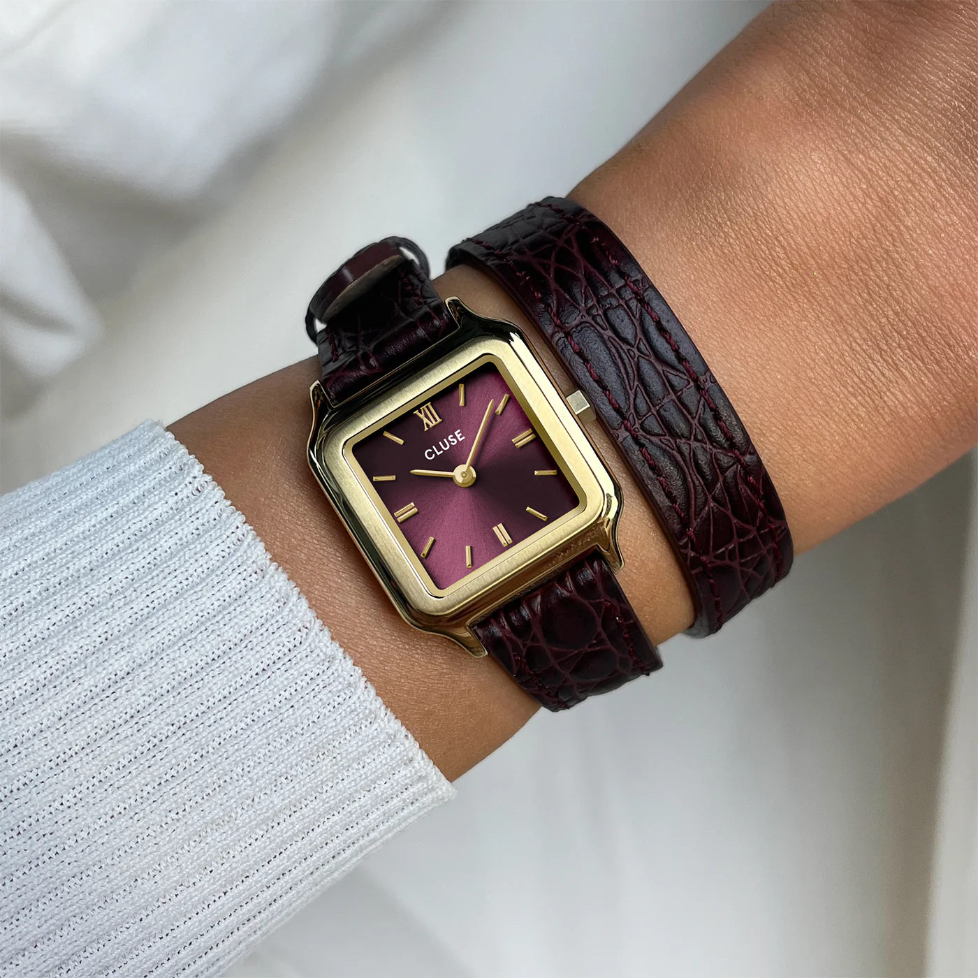 CLUSE Gracieuse Petite Wine Red Dial and Leather Double Wrap Band CW11822