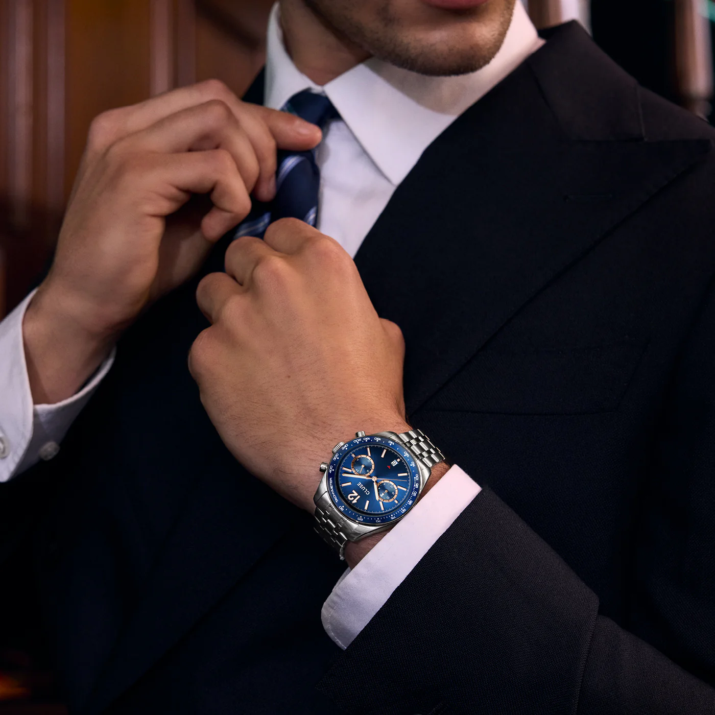 CLUSE Aravis Dual Time Chronograph Blue Dial Stainless Steel Link Band Watch CW25601