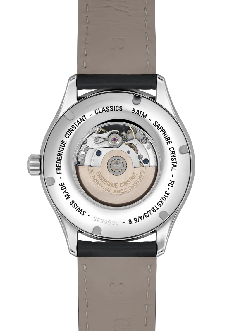 Back of a mechanical wristwatch with a transparent case showing the internal movement.